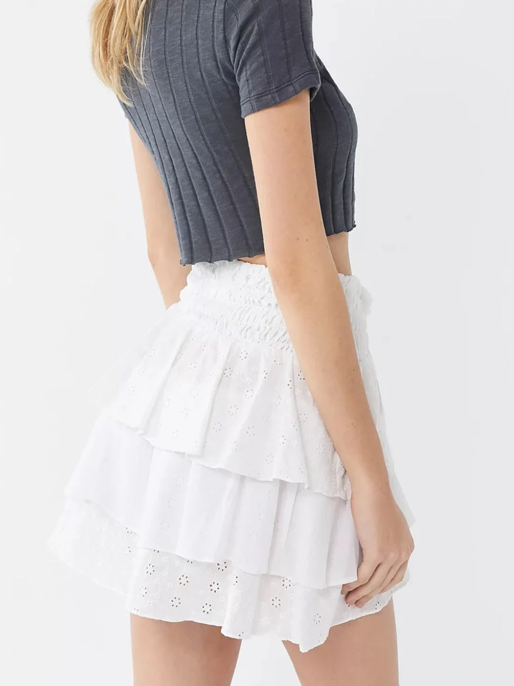 For Love & Lemons White Asymmetrical Eyelet Ruffle Mini Skirt
